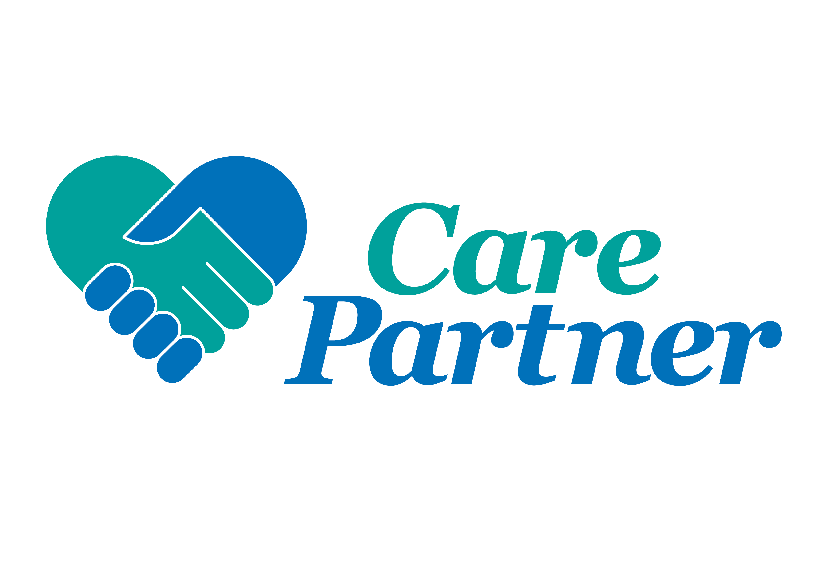 A graphic of two hands shaking, forming a love heart. Beside the graphic is text that says "care partner"