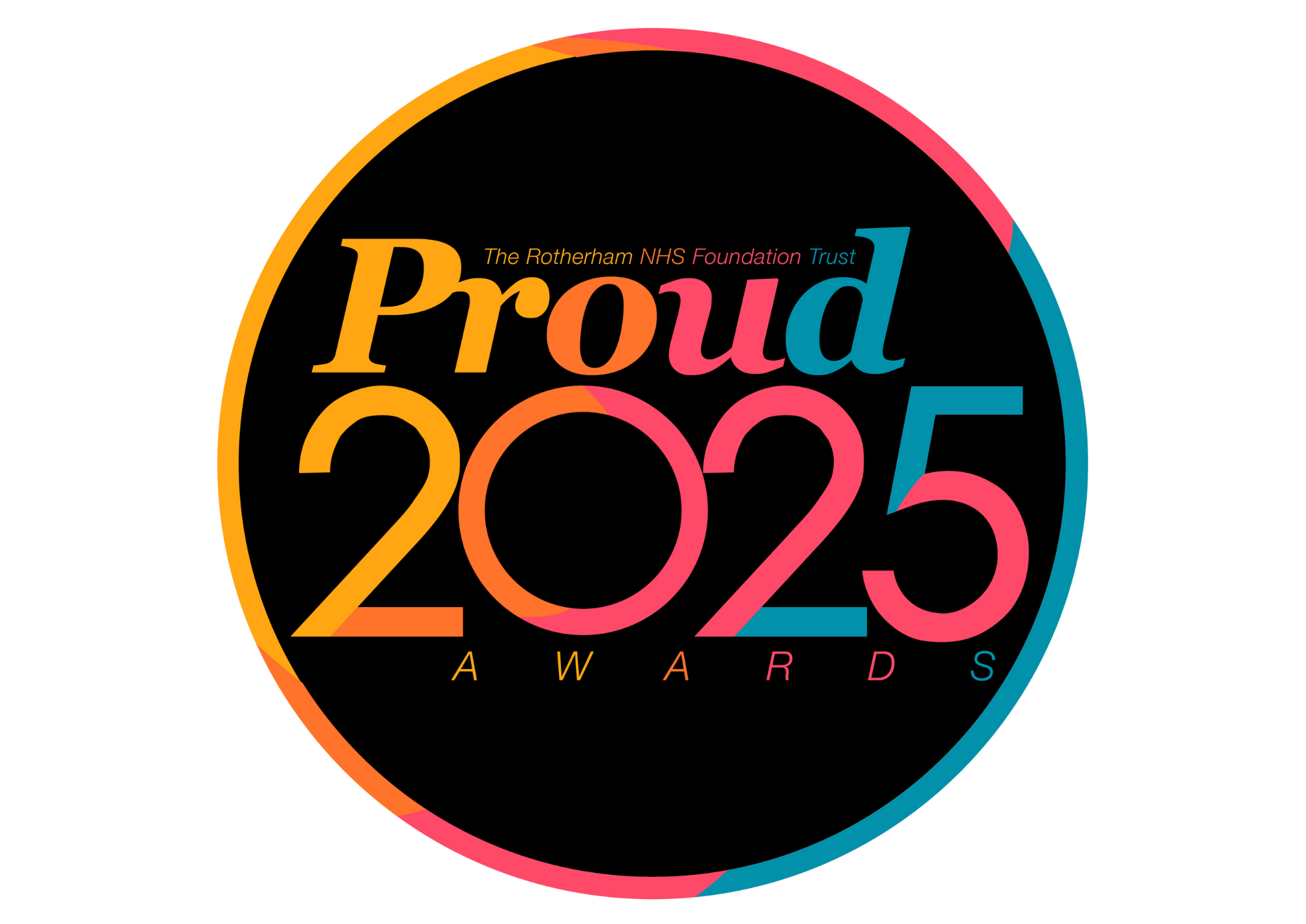 A multicoloured circle with the words Proud Awards 2025 inside