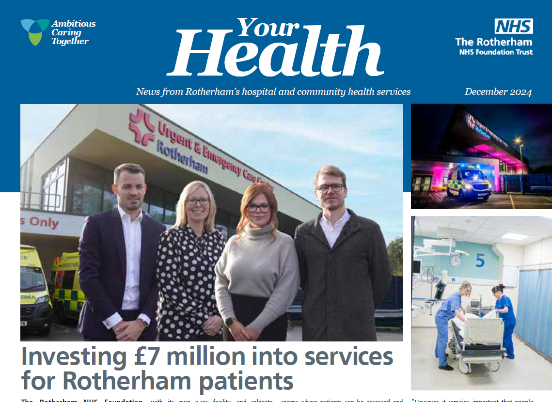 The front cover of Your Health December 2024. There is a blue banner across the top with Your Health in white text and the Trust's logo.