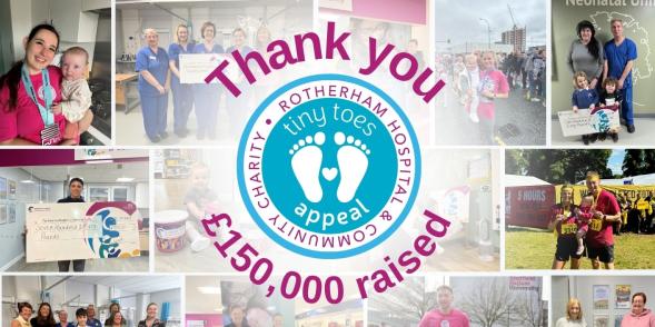 Thank you, £150,000 raised. Images of fundraisers in the community who have helped the charity reach this figure