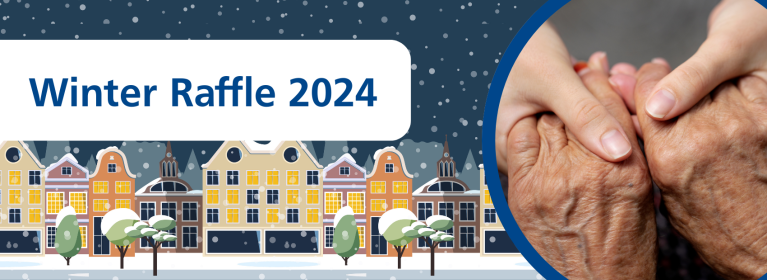 A snowy street scene with text that reads "Winter raffle 2024"