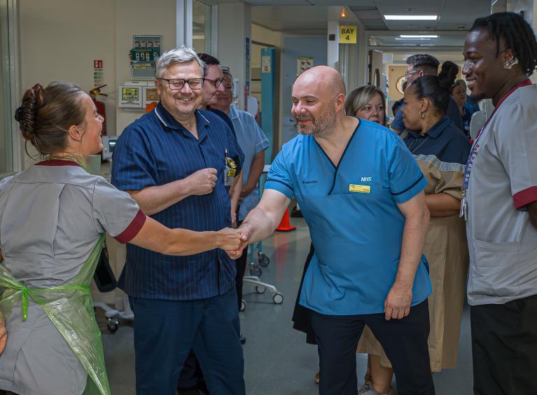 The image shows Duncan Burton meeting student nurses on Fitzwilliam Ward