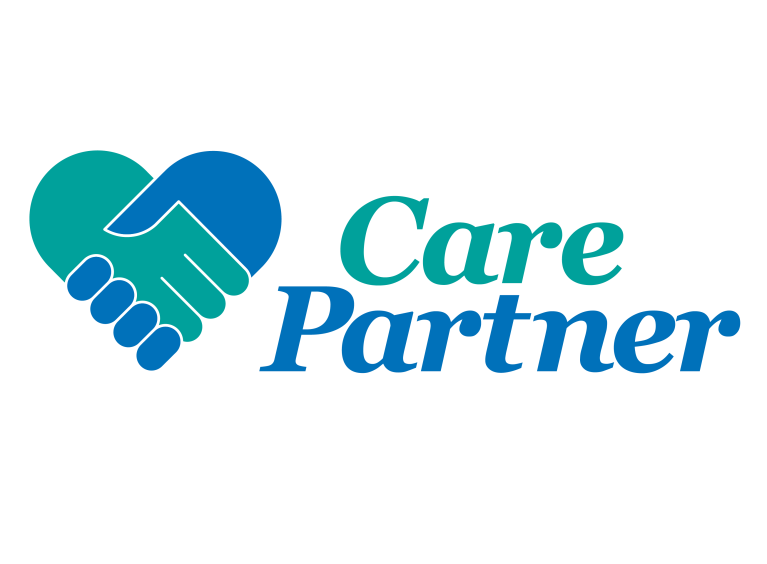 A graphic of two hands shaking, forming a love heart. Beside the graphic is text that says "care partner"