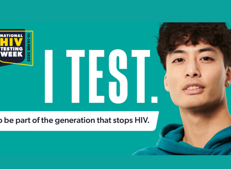 A young man's face is displayed next to white text on a green background that reads "I test to be part of the generation that stops HIV"