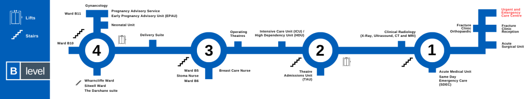 Blue line showing the location of wards and departments on B level of Rotherham Hospital