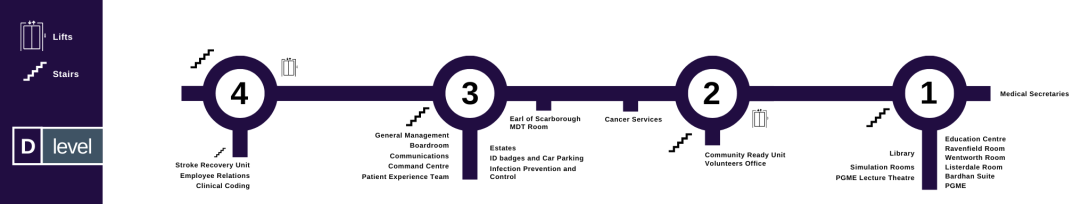 Purple line showing the location of wards and departments on D level of Rotherham Hospital