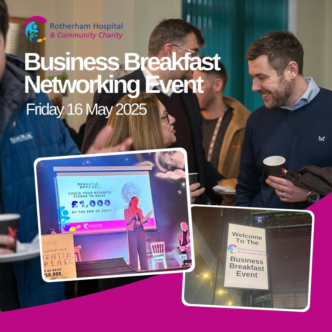 A selection of photos from past Business Breakfast events with the charity logo and the wording 'Business Breakfast Networking Event, Friday 15 May 2025' 